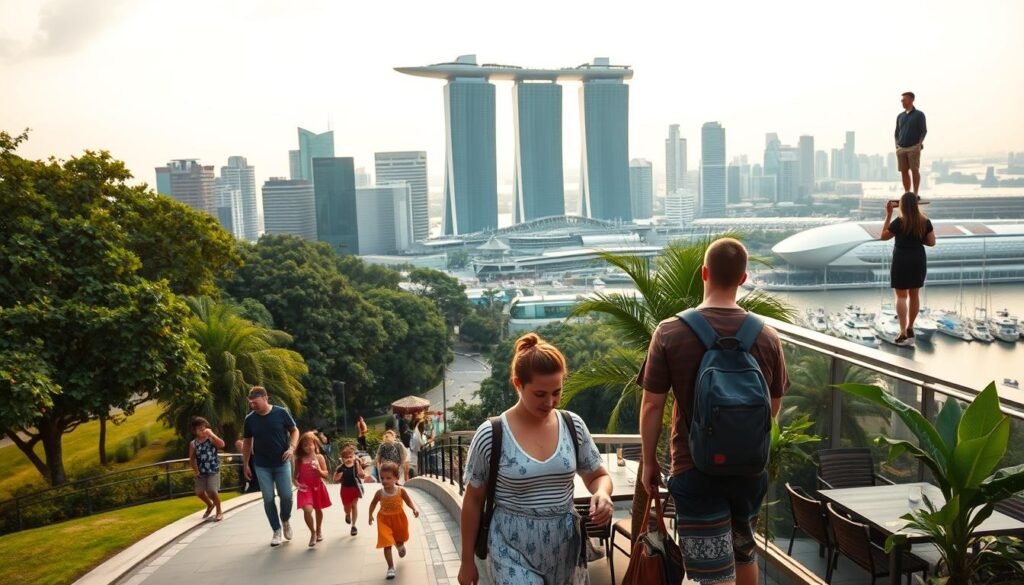A bustling cityscape of Singapore, showcasing the diverse travel styles of its visitors. In the foreground, a young family strolls along a lush, tree-lined promenade, their children in awe of the towering skyscrapers in the middle ground. A romantic couple dines alfresco at a charming outdoor cafe, basking in the warm, golden glow of the setting sun. In the background, a solo traveler stands atop the iconic Marina Bay Sands, gazing out at the stunning panorama of the city skyline and marina. The scene is captured with a wide-angle lens, creating a sense of depth and immersion, while soft, diffused lighting lends a dreamlike, timeless quality to the image.