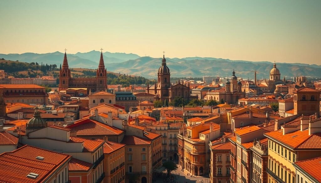 A bustling cityscape of Spain, captured with a wide-angle lens that showcases the architectural diversity of its historic districts. In the foreground, vibrant plazas are lined with colorful buildings, their terracotta roofs and ornate facades bathed in warm, golden sunlight. The middle ground features towering cathedrals and ancient castles, their intricate details and spires reaching towards a clear, azure sky. In the background, rolling hills and distant mountains provide a picturesque backdrop, creating a sense of depth and grandeur. The overall mood is one of cultural richness, inviting the viewer to explore the best that Spain's cities have to offer. A bustling cityscape of Spain, captured with a wide-angle lens that showcases the architectural diversity of its historic districts. In the foreground, vibrant plazas are lined with colorful buildings, their terracotta roofs and ornate facades bathed in warm, golden sunlight. The middle ground features towering cathedrals and ancient castles, their intricate details and spires reaching towards a clear, azure sky. In the background, rolling hills and distant mountains provide a picturesque backdrop, creating a sense of depth and grandeur. The overall mood is one of cultural richness, inviting the viewer to explore the best that Spain's cities have to offer.