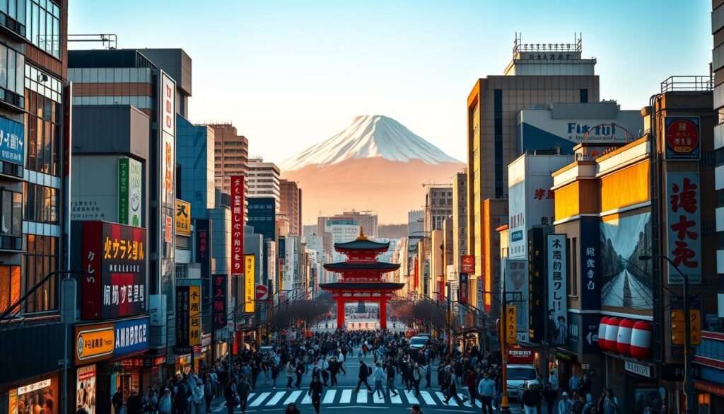 A bustling cityscape of Tokyo's iconic skyscrapers and neon-lit streets, bathed in warm, golden hour light. In the foreground, pedestrians navigate the vibrant Shibuya Crossing, while in the middle ground, the towering silhouette of the Meiji Shrine stands as a serene contrast. In the background, the snow-capped peak of Mount Fuji looms majestically, creating a breathtaking juxtaposition of modern and traditional Japan. The scene is imbued with a sense of energy, wonder, and timeless charm, capturing the essence of this captivating metropolis.