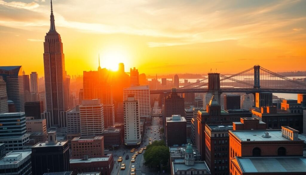 A bustling cityscape of towering skyscrapers and iconic landmarks, bathed in the warm glow of a golden hour sunset over the East Coast. In the foreground, the skyline of Manhattan rises majestically, with the Empire State Building and One World Trade Center reaching into the vibrant sky. The middle ground is dotted with yellow cabs and pedestrians bustling along the streets, while in the distance, the silhouette of the Brooklyn Bridge stretches across the East River. The scene exudes an energetic, cosmopolitan atmosphere, capturing the essence of New York City as a vibrant, must-visit destination on the East Coast.