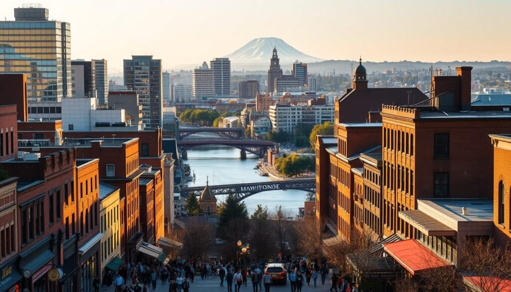 A bustling cityscape of towering skyscrapers, historic brick buildings, and vibrant public spaces. In the foreground, pedestrians stroll along the bustling sidewalks, passing by lively storefronts and bustling cafes. In the middle ground, the iconic Willamette River winds through the city, flanked by the Steel Bridge and the Hawthorne Bridge. In the background, the majestic Mount Hood rises in the distance, its snowy peak framed by the city's skyline. The scene is bathed in warm, golden sunlight, lending a sense of energy and optimism to the dynamic urban environment. The overall atmosphere is one of a thriving, modern city with a rich historical charm.