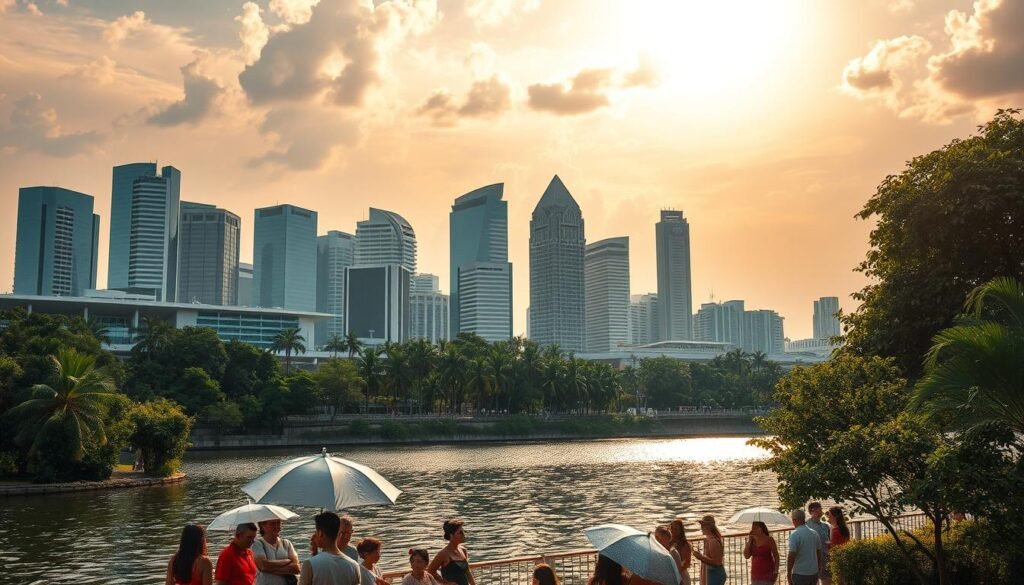 A bustling cityscape under a vibrant, tropical sky. Towering skyscrapers and lush greenery set against a backdrop of warm, golden light. In the foreground, people stroll along a scenic riverfront, umbrellas in hand, as the humid, balmy air envelops the scene. A serene, sparkling body of water reflects the dynamic urban landscape, creating a harmonious balance between nature and modernity. Soft, diffused shadows cast by the sun's rays add depth and atmosphere to the composition. The overall impression conveys the reliable, year-round comfort and allure of Singapore's captivating weather.