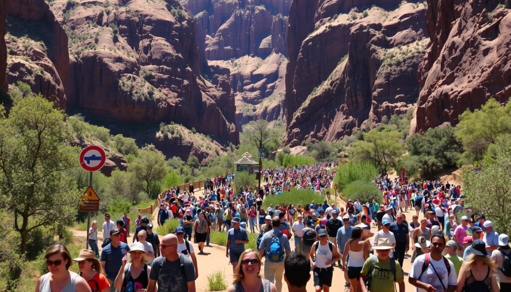 A bustling crowd of visitors explore the majestic sandstone formations of Zion National Park on a sunny afternoon. In the foreground, people navigate the winding trails, their expressions a mix of awe and excitement. The middle ground captures the scale of the towering cliffs, casting dramatic shadows across the landscape. In the background, a sea of colorful hiking gear and sun-dappled foliage creates a vibrant, immersive atmosphere. The scene evokes the energy and popularity of this iconic destination, especially during peak visitation periods. A bustling crowd of visitors explore the majestic sandstone formations of Zion National Park on a sunny afternoon. In the foreground, people navigate the winding trails, their expressions a mix of awe and excitement. The middle ground captures the scale of the towering cliffs, casting dramatic shadows across the landscape. In the background, a sea of colorful hiking gear and sun-dappled foliage creates a vibrant, immersive atmosphere. The scene evokes the energy and popularity of this iconic destination, especially during peak visitation periods.