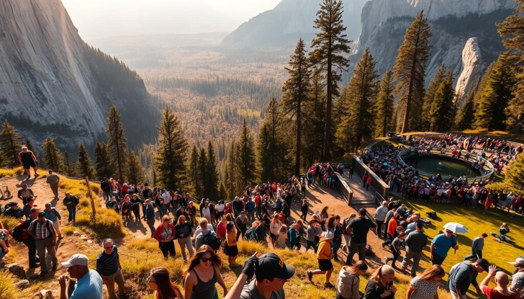 A bustling crowd of visitors exploring the breathtaking landscapes of Yosemite National Park. In the foreground, hikers and tourists navigate winding trails, their faces alight with wonder. In the middle ground, families gather around a scenic overlook, capturing the grandeur of the towering granite cliffs and cascading waterfalls. In the distance, a sea of people meanders through lush meadows, their movements creating a mesmerizing flow. Warm, golden sunlight filters through the towering pines, casting a serene glow over the entire scene. The composition emphasizes the scale and vastness of the park, conveying the sense of adventure and exploration that defines the Yosemite experience, even in the presence of a large crowd. A bustling crowd of visitors exploring the breathtaking landscapes of Yosemite National Park. In the foreground, hikers and tourists navigate winding trails, their faces alight with wonder. In the middle ground, families gather around a scenic overlook, capturing the grandeur of the towering granite cliffs and cascading waterfalls. In the distance, a sea of people meanders through lush meadows, their movements creating a mesmerizing flow. Warm, golden sunlight filters through the towering pines, casting a serene glow over the entire scene. The composition emphasizes the scale and vastness of the park, conveying the sense of adventure and exploration that defines the Yosemite experience, even in the presence of a large crowd.