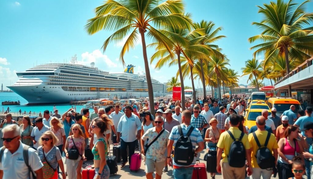 A bustling cruise port in the Caribbean, with towering ships docked against a backdrop of azure waters and swaying palm trees. In the foreground, a crowd of vacationers mill about, lugging suitcases and capturing the vibrant local scene with their cameras. The middle ground is a blur of activity - vendors hawking souvenirs, taxi drivers soliciting fares, and families eagerly anticipating their upcoming voyage. The scene is bathed in warm, golden sunlight, lending a sense of energy and excitement. The overall atmosphere conveys the costs and considerations of visiting a popular cruise destination during peak season, with the crowds and chaos serving as a counterpoint to the idyllic tropical setting. A bustling cruise port in the Caribbean, with towering ships docked against a backdrop of azure waters and swaying palm trees. In the foreground, a crowd of vacationers mill about, lugging suitcases and capturing the vibrant local scene with their cameras. The middle ground is a blur of activity - vendors hawking souvenirs, taxi drivers soliciting fares, and families eagerly anticipating their upcoming voyage. The scene is bathed in warm, golden sunlight, lending a sense of energy and excitement. The overall atmosphere conveys the costs and considerations of visiting a popular cruise destination during peak season, with the crowds and chaos serving as a counterpoint to the idyllic tropical setting.