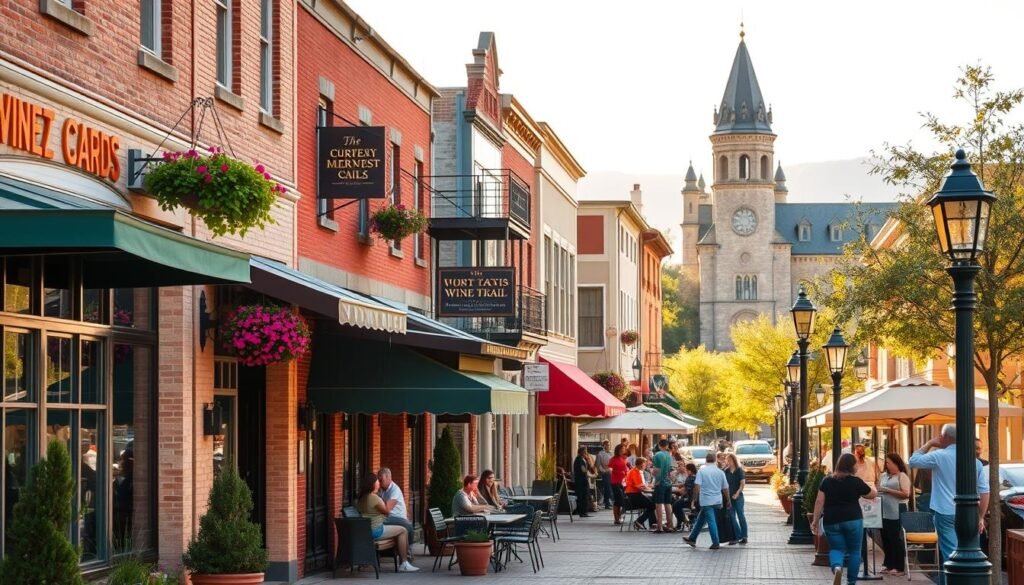 A bustling downtown scene in Fredericksburg, Texas, with a vibrant wine tasting experience as the focal point. In the foreground, charming storefronts and cafe patios line the picturesque streets, their facades adorned with hanging baskets and colorful awnings. The middle ground features an inviting wine bar, its outdoor seating area bustling with locals and visitors sipping on locally-produced vintages. In the background, the iconic Fredericksburg Architecture, with its stone buildings and historic German influences, provides a stunning backdrop. Warm, golden light filters through the scene, creating a welcoming and lively atmosphere that captures the essence of the urban wine trail experience.