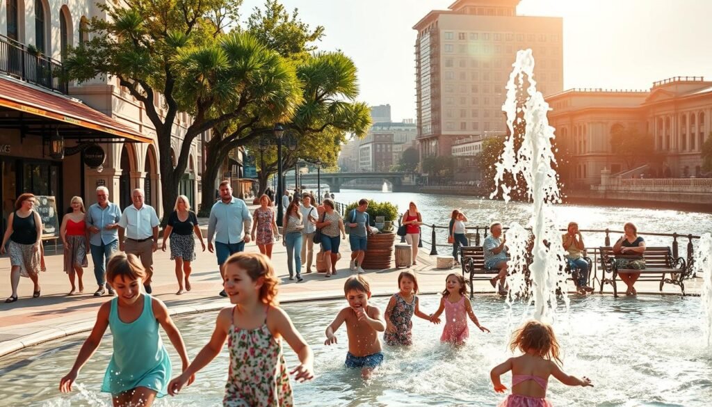 A bustling downtown scene, with families enjoying various activities on a sunny day. In the foreground, children play in a lively fountain, their laughter echoing through the air. Nearby, parents and grandparents stroll hand-in-hand, admiring the vibrant storefronts and outdoor cafes. In the middle ground, a group of friends gather on a bench, sharing a picnic basket and engaged in animated conversation. In the background, the iconic Riverwalk winds its way along the riverbank, framed by towering oak trees and historic architecture. Warm, diffused lighting casts a golden glow over the entire scene, creating a welcoming and family-friendly atmosphere.