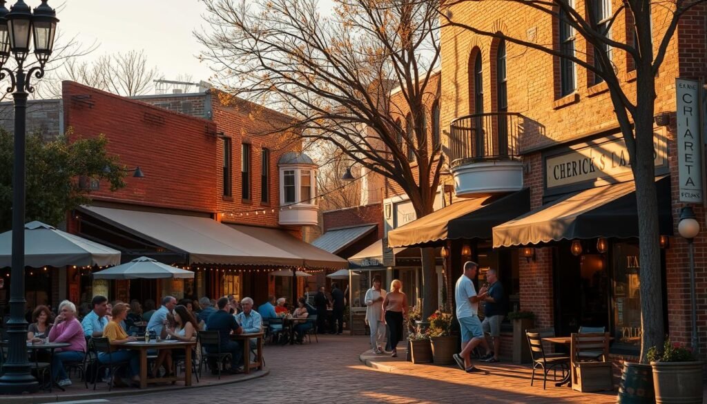 A bustling downtown street in Fredericksburg, Texas, lined with charming two-story brick buildings adorned with awnings and string lights. Quaint cafes and bistros spill out onto the sidewalks, their outdoor seating areas filled with patrons enjoying local wines, craft beers, and delectable Tex-Mex and German-inspired fare. The scene is bathed in a warm, golden glow from the setting sun, casting long shadows and creating a cozy, inviting atmosphere. The camera captures this vibrant scene from a street-level perspective, showcasing the lively energy and diverse dining options that make this Hill Country town a foodie's delight.