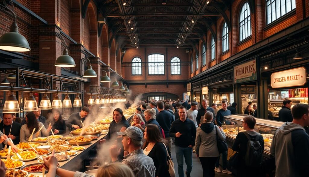A bustling food hall in Chelsea Market, New York City. In the foreground, an array of freshly prepared dishes from artisanal vendors, steaming hot and bursting with flavors. The middle ground showcases the iconic architecture of the market, with its high ceilings, exposed brick, and industrial-chic ambiance. In the background, a diverse crowd of locals and tourists, each seeking their own culinary adventure. Warm, soft lighting bathes the scene, creating a cozy, inviting atmosphere. The overall mood is one of celebration, as the sights, smells, and sounds of this vibrant food hub come together to offer a quintessential New York City dining experience. A bustling food hall in Chelsea Market, New York City. In the foreground, an array of freshly prepared dishes from artisanal vendors, steaming hot and bursting with flavors. The middle ground showcases the iconic architecture of the market, with its high ceilings, exposed brick, and industrial-chic ambiance. In the background, a diverse crowd of locals and tourists, each seeking their own culinary adventure. Warm, soft lighting bathes the scene, creating a cozy, inviting atmosphere. The overall mood is one of celebration, as the sights, smells, and sounds of this vibrant food hub come together to offer a quintessential New York City dining experience.
