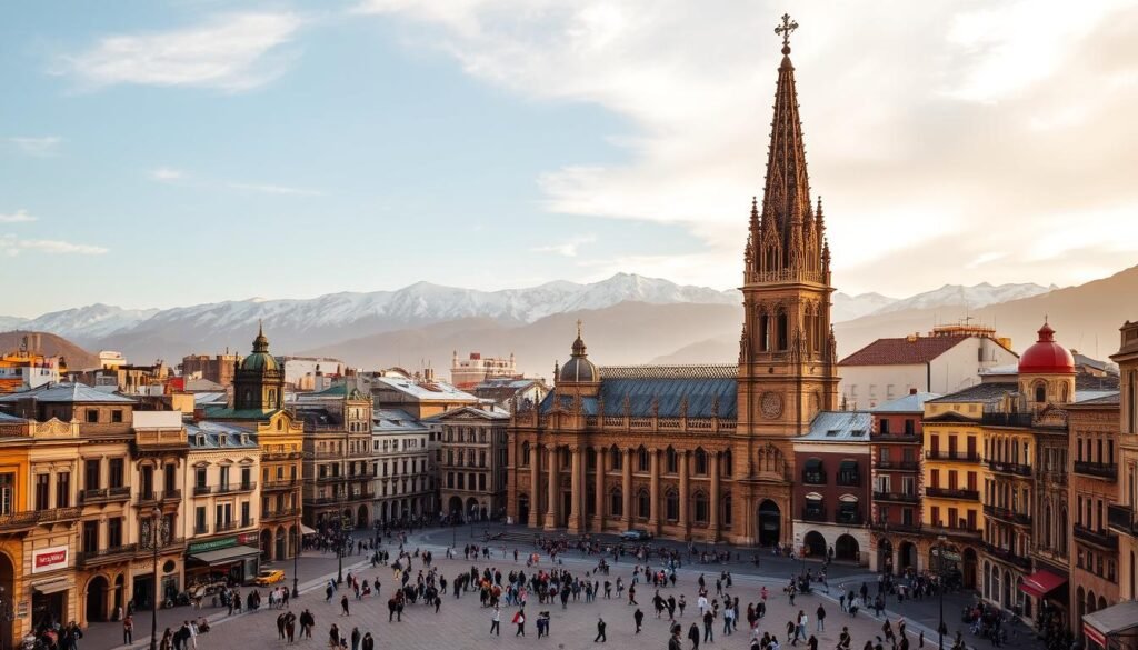 A bustling historic center of Mexico City, the Zócalo stands as the vibrant heart of the city. In the foreground, the towering Metropolitan Cathedral, its ornate Gothic-style spires reaching skyward, commanding attention. Surrounding the central plaza, a mix of colonial-era buildings and modern structures create a visual tapestry, blending the old and the new. In the middle ground, people stroll along the cobblestone streets, immersed in the lively atmosphere and rich cultural heritage. In the background, the snow-capped peaks of the nearby mountains provide a majestic backdrop, adding to the sense of place. Warm, golden lighting bathes the scene, evoking a timeless quality and a welcoming ambiance. A bustling historic center of Mexico City, the Zócalo stands as the vibrant heart of the city. In the foreground, the towering Metropolitan Cathedral, its ornate Gothic-style spires reaching skyward, commanding attention. Surrounding the central plaza, a mix of colonial-era buildings and modern structures create a visual tapestry, blending the old and the new. In the middle ground, people stroll along the cobblestone streets, immersed in the lively atmosphere and rich cultural heritage. In the background, the snow-capped peaks of the nearby mountains provide a majestic backdrop, adding to the sense of place. Warm, golden lighting bathes the scene, evoking a timeless quality and a welcoming ambiance.