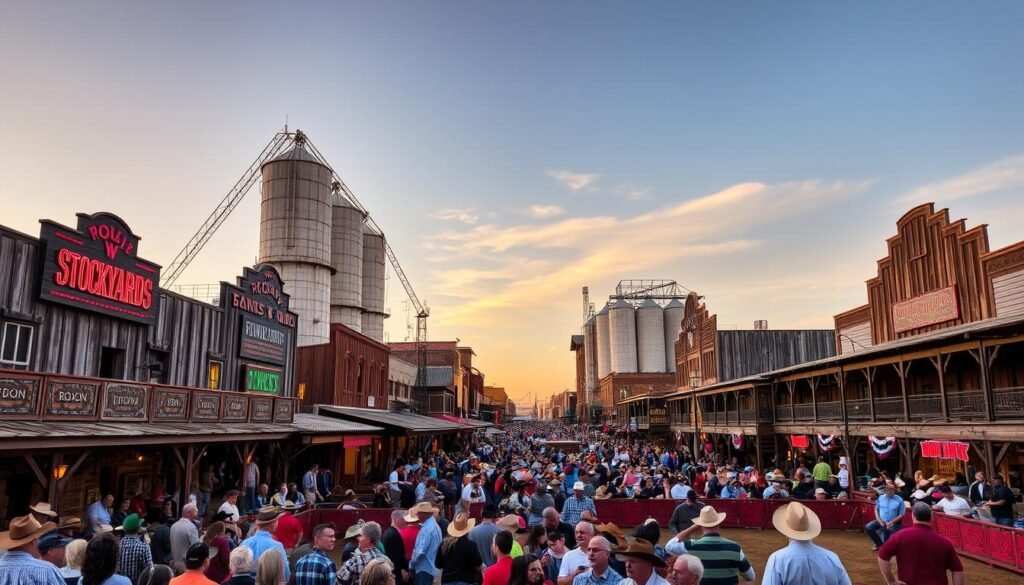 A bustling historic district in Fort Worth, Texas, the Stockyards showcase the city's Western heritage. In the foreground, a lively crowd gathers around a wooden arena, anticipating a rip-roaring rodeo performance. Rustic buildings with weathered facades line the middle ground, their cowboy-themed signage and neon lights emanating a vibrant, old-timey ambiance. In the background, towering grain silos and stockyard pens stand as reminders of the district's livestock trading legacy, set against a warm, golden-hour sky. The scene exudes a captivating blend of modern entertainment and timeless Texan charm.