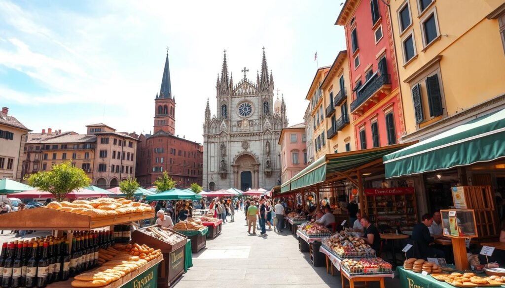 A bustling market square in the heart of Modena, Italy, with vibrant stalls showcasing the region's renowned culinary delights. In the foreground, artisanal producers offer freshly baked breads, aged balsamic vinegars, and locally cured meats. The middle ground features a grand cathedral, its spires reaching towards the sun-dappled sky. Cafes and trattorias line the square, their outdoor tables filled with locals and visitors savoring the flavors of Emilia-Romagna. In the background, the iconic Ducati and Ferrari factories stand as a testament to Modena's reputation for engineering excellence. A warm, inviting atmosphere permeates the scene, capturing the essence of Modena as a city that celebrates the slow, artisanal approach to life and cuisine.