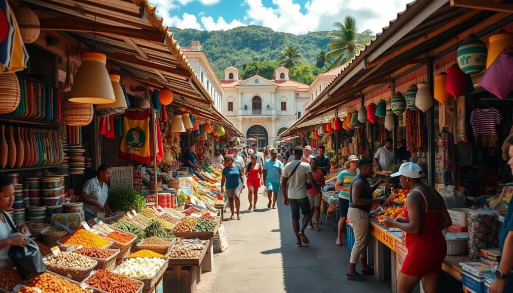 A bustling marketplace in Castries, the vibrant capital of St. Lucia, bathed in warm Caribbean sunlight. In the foreground, stalls overflow with colorful local produce, spices, and handcrafted wares. Vendors call out, inviting passersby to browse their offerings. In the middle ground, shoppers navigate the lively aisles, immersed in the rhythm of daily life. The background features the iconic architecture of Castries, a blend of colonial and modern styles, creating a charming and authentic atmosphere. The scene is captured with a wide-angle lens, conveying a sense of energy and community that embodies the unique character of this iconic Caribbean marketplace.