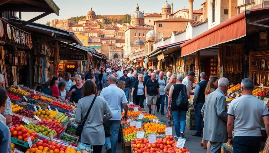 A bustling marketplace in a picturesque Turkish town, filled with vibrant stalls and a crowd of locals and tourists. The foreground showcases an array of seasonal produce, from fresh fruits and vegetables to handcrafted souvenirs, all with price tags visible. In the middle ground, people of all ages browse the wares, navigating the lively atmosphere. The background reveals the town's historic architecture, with domed roofs and intricate facades, bathed in warm, golden light. The scene conveys the energy and excitement of visiting Turkey during a popular season, capturing the essence of avoiding crowds and closures by immersing oneself in the local culture and festivities.