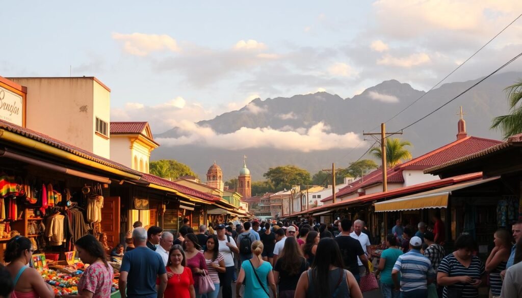 A bustling marketplace in the heart of Costa Rica, with vibrant stalls and vendors haggling over prices. In the foreground, locals and tourists weave through the throngs of people, examining handcrafted goods and sampling local delicacies. The middle ground reveals a mix of traditional and modern architecture, casting warm, golden hues across the scene. In the background, towering mountains loom, their peaks shrouded in wispy clouds, creating a sense of tranquility amidst the lively activity. The overall mood is one of cultural immersion, where the costs and crowds of this vibrant destination are palpable, yet the experience is enriching and captivating.