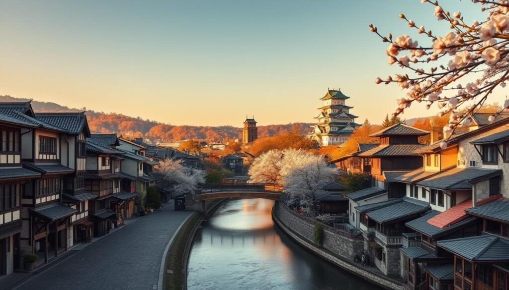 A bustling medieval city nestled between lush hills, Kanazawa comes alive in this landscape. Elegant samurai residences line cobblestone streets, their traditional architecture casting long shadows in the warm afternoon light. In the distance, the magnificent Kanazawa Castle stands tall, its turrets and pagodas commanding the skyline. Cherry blossoms drift lazily through the air, adding a touch of whimsy to the scene. A tranquil river winds its way through the heart of the city, its banks dotted with quaint teahouses and artisan workshops. The atmosphere is one of timeless beauty and historic charm, capturing the essence of Japan's "Kyoto of the North". A bustling medieval city nestled between lush hills, Kanazawa comes alive in this landscape. Elegant samurai residences line cobblestone streets, their traditional architecture casting long shadows in the warm afternoon light. In the distance, the magnificent Kanazawa Castle stands tall, its turrets and pagodas commanding the skyline. Cherry blossoms drift lazily through the air, adding a touch of whimsy to the scene. A tranquil river winds its way through the heart of the city, its banks dotted with quaint teahouses and artisan workshops. The atmosphere is one of timeless beauty and historic charm, capturing the essence of Japan's "Kyoto of the North".