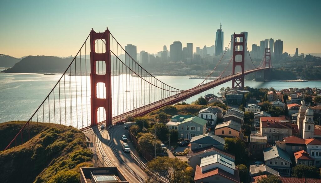 A bustling metropolis nestled between rolling hills and the shimmering waters of the Pacific, San Francisco is a vibrant tapestry of architectural wonders and natural beauty. Capture the iconic Golden Gate Bridge in the foreground, its elegant arches stretching across the bay, casting long shadows over the vibrant streets below. In the middle ground, the historic cable cars wind their way up steep inclines, past Victorian-era houses and bustling plazas. In the distance, the skyscrapers of the financial district rise majestically, their glass facades reflecting the warm, golden hues of the setting sun. Infuse the scene with a sense of energy and dynamism, as the city pulses with the rhythm of diverse cultures and endless possibilities.