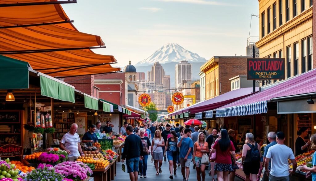 A bustling open-air marketplace in downtown Portland, OR, with vibrant stalls offering an array of locally-sourced produce, artisanal goods, and global culinary delights. The foreground features an eclectic mix of colorful canvas awnings, hand-crafted signs, and friendly vendors engaging with eager shoppers. In the middle ground, a diverse crowd meanders through the lively aisles, examining fresh flowers, sampling international street foods, and browsing unique thrift store finds. The background is framed by the city's iconic skyline, including the towering silhouette of the Willamette River bridges and the snow-capped peaks of Mount Hood in the distance, bathed in warm, golden afternoon light.