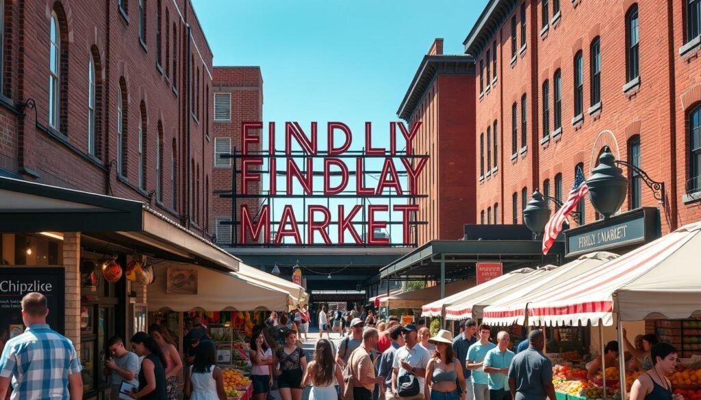 A bustling open-air marketplace set against a backdrop of historic brick buildings, Findlay Market in Cincinnati, Ohio showcases a vibrant array of artisanal food stalls, local produce, and vibrant cultural flair. Capture the lively energy of the scene, with sun-dappled crowds browsing the colorful displays of fresh fruits, baked goods, and handcrafted wares. Framed by the striking architectural elements of the market's façade, this image should evoke the enticing aroma and convivial atmosphere that make Findlay Market a mecca for food lovers in the city. A bustling open-air marketplace set against a backdrop of historic brick buildings, Findlay Market in Cincinnati, Ohio showcases a vibrant array of artisanal food stalls, local produce, and vibrant cultural flair. Capture the lively energy of the scene, with sun-dappled crowds browsing the colorful displays of fresh fruits, baked goods, and handcrafted wares. Framed by the striking architectural elements of the market's façade, this image should evoke the enticing aroma and convivial atmosphere that make Findlay Market a mecca for food lovers in the city.