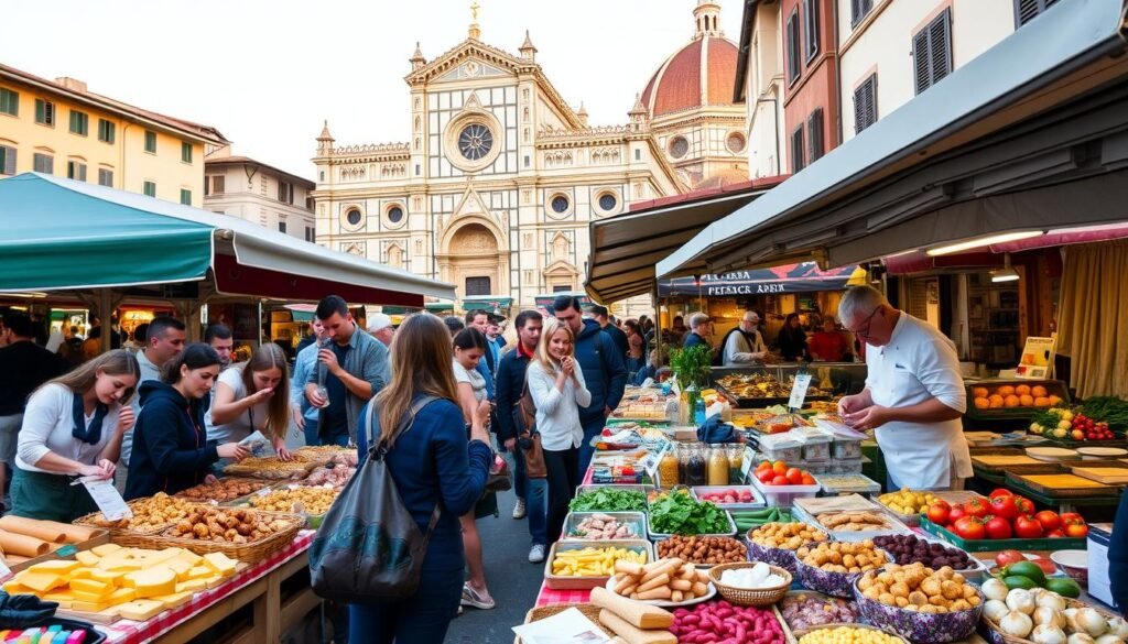 A bustling outdoor food market in the heart of Florence, Italy. Vibrant stalls overflowing with fresh produce, artisanal breads, and local delicacies. In the foreground, a group of enthusiastic tourists sampling different cheeses and cured meats, guided by a passionate local chef. The middle ground features artisans hand-rolling pasta and tossing pizza dough, while in the background, the iconic Duomo cathedral rises majestically, bathed in warm, golden afternoon light. A lively, immersive experience that celebrates the rich culinary traditions of this historic city. A bustling outdoor food market in the heart of Florence, Italy. Vibrant stalls overflowing with fresh produce, artisanal breads, and local delicacies. In the foreground, a group of enthusiastic tourists sampling different cheeses and cured meats, guided by a passionate local chef. The middle ground features artisans hand-rolling pasta and tossing pizza dough, while in the background, the iconic Duomo cathedral rises majestically, bathed in warm, golden afternoon light. A lively, immersive experience that celebrates the rich culinary traditions of this historic city.