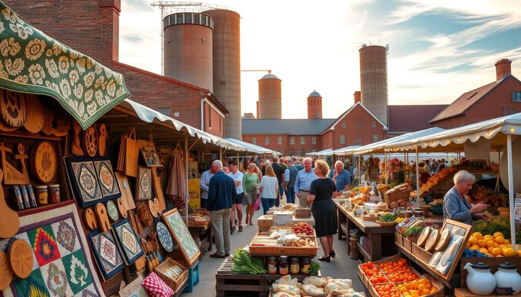 A bustling outdoor market in Lancaster, Pennsylvania, showcasing a vibrant array of locally-sourced goods. In the foreground, a stall overflows with handcrafted Amish quilts, intricate wood carvings, and homemade jams and preserves. Mid-frame, a mix of locals and tourists browse the selection of artisanal cheeses, freshly baked breads, and colorful produce. In the background, historic brick buildings and silos create a charming, rustic ambiance, illuminated by warm, golden sunlight filtering through wispy clouds. The scene exudes a sense of community, authenticity, and a celebration of the region's unique Amish and Pennsylvania Dutch heritage.