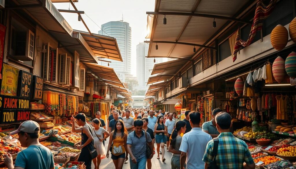 A bustling outdoor market in Singapore, with vibrant stalls offering an array of local goods and produce. Narrow alleyways are lined with vendors hawking colorful textiles, spices, and handcrafted souvenirs. Shoppers navigate the lively scene, haggling good-naturedly as they search for the best deals. Warm, diffused sunlight filters through the overhead canopies, casting a golden glow on the energetic crowd. In the background, skyscrapers and modern high-rises peek out, creating a compelling contrast between old and new. The atmosphere is one of excitement and exploration, capturing the essence of shopping in this dynamic city.
