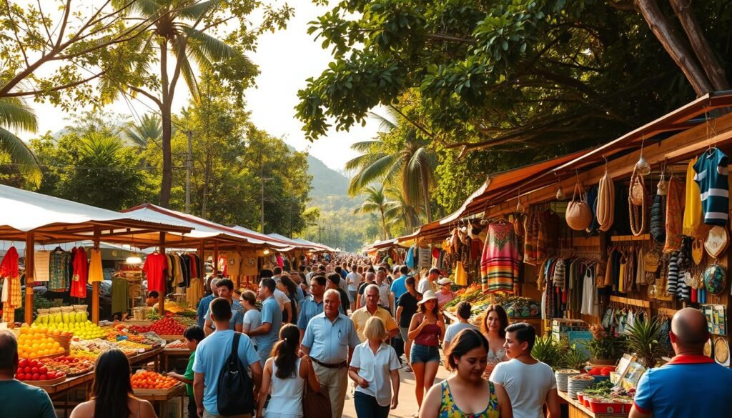 A bustling outdoor market in the heart of Costa Rica, vibrant stalls displaying an array of local produce, handicrafts, and souvenirs. Crowds of locals and tourists navigate the lively atmosphere, haggling over prices and exploring the diverse offerings. Warm, natural lighting filters through the canopy of trees, casting a golden glow over the scene. In the background, glimpses of towering volcanic peaks and verdant tropical foliage set the stage for an authentic Costa Rican experience. The overall mood is one of festive energy, cultural immersion, and the opportunity to discover hidden gems at reasonable prices.