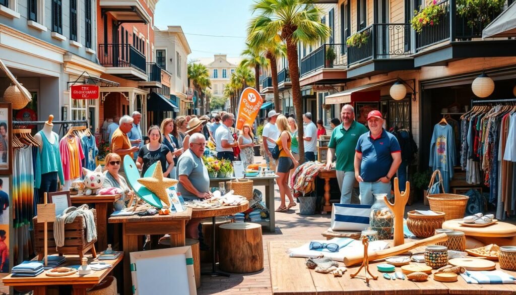A bustling outdoor marketplace in Wilmington, NC, showcasing a vibrant array of locally-owned shops and vendors. In the foreground, an eclectic mix of beach gear, coastal-themed apparel, and handcrafted artisanal goods are displayed on rustic wooden tables, bathed in warm natural light. In the middle ground, friendly shopkeepers engage with customers, their faces filled with a sense of pride and community. The background features a quaint historic district, with colorful storefronts and wrought-iron balconies, creating a charming, pedestrian-friendly atmosphere. The overall scene evokes a lively, small-town spirit, celebrating the unique character and craftsmanship of Wilmington's local businesses.