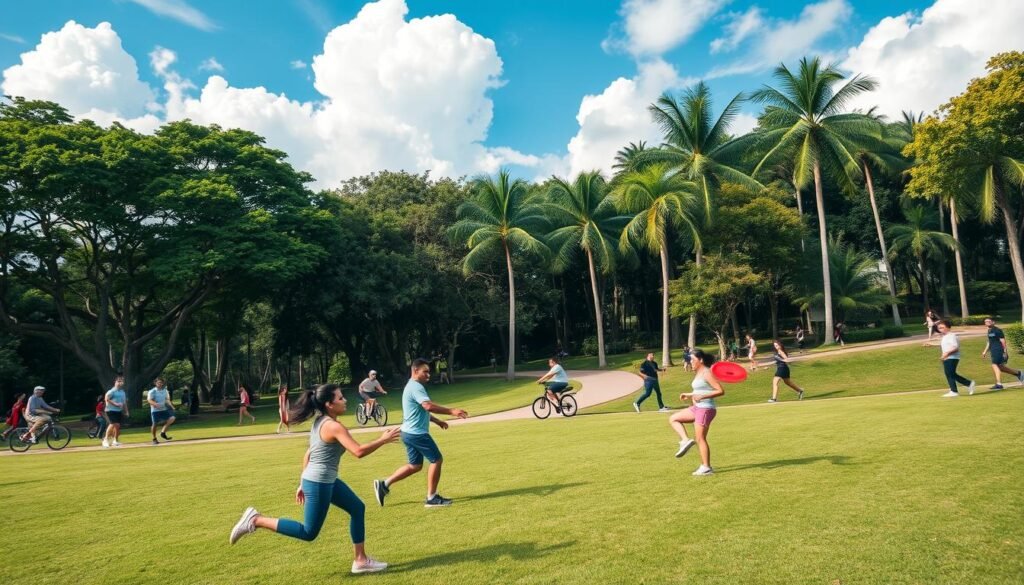 A bustling outdoor scene in Singapore, with people engaged in various recreational activities. In the foreground, a group of friends playing a lively game of frisbee on a well-manicured lawn, their laughter and movements captured mid-action by a wide-angle lens. In the middle ground, joggers and cyclists navigate a winding path, taking advantage of the cool morning breeze. In the background, towering tropical trees provide dappled shade, while fluffy cumulus clouds drift across an azure sky, hinting at the occasional showers that characterize Singapore's climate. The overall mood is one of energy, vitality, and the embrace of the great outdoors, even amidst the tropical heat and humidity.