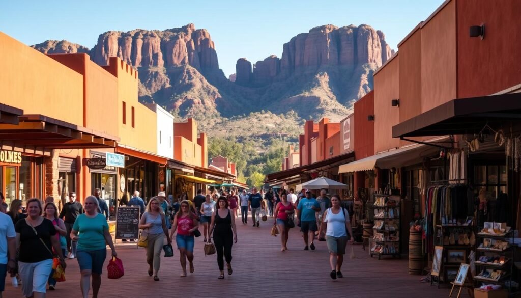 A bustling outdoor shopping district in Uptown Sedona, Arizona. In the foreground, shoppers stroll past charming local boutiques and galleries, their hands filled with colorful bags and trinkets. Warm, golden afternoon sunlight filters through the adobe-style architecture, casting long shadows on the cobblestone streets. In the middle ground, vendors display their wares under shaded ramadas, offering Southwestern-inspired artwork, jewelry, and handcrafted goods. Beyond, the iconic red rock formations of Sedona's natural landscape rise up, framing the scene with their majestic presence. An atmosphere of relaxed exploration and discovery pervades the air, inviting visitors to wander, browse, and immerse themselves in the unique character of this Southwestern shopping oasis.