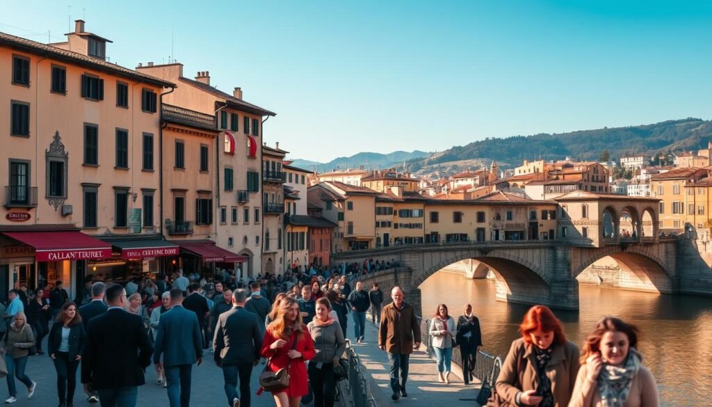 A bustling scene along the iconic Ponte Vecchio in Florence, Italy. The historic stone bridge is lined with charming shops and restaurants, as pedestrians stroll leisurely across, taking in the picturesque views of the Arno River below. The warm, golden afternoon sunlight casts a soft glow over the weathered architecture, illuminating the vibrant colors and details of the buildings. In the foreground, well-dressed locals and tourists intermingle, pausing to admire the stunning vistas or window shop. The middle ground features the graceful arched design of the bridge, while the distant background showcases the gentle hills and rooftops of the Renaissance city. An idyllic, atmospheric snapshot of one of Florence's most beloved landmarks. A bustling scene along the iconic Ponte Vecchio in Florence, Italy. The historic stone bridge is lined with charming shops and restaurants, as pedestrians stroll leisurely across, taking in the picturesque views of the Arno River below. The warm, golden afternoon sunlight casts a soft glow over the weathered architecture, illuminating the vibrant colors and details of the buildings. In the foreground, well-dressed locals and tourists intermingle, pausing to admire the stunning vistas or window shop. The middle ground features the graceful arched design of the bridge, while the distant background showcases the gentle hills and rooftops of the Renaissance city. An idyllic, atmospheric snapshot of one of Florence's most beloved landmarks.