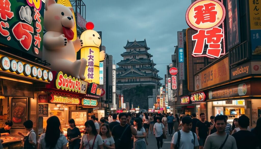A bustling scene in the heart of Osaka's vibrant food district, Dotonbori. In the foreground, a kaleidoscope of neon signs and giant animatronic food displays, inviting passersby to explore the mouthwatering delights within. The middle ground features a lively crowd of locals and tourists, weaving between the vibrant street stalls and izakaya eateries, the air alive with the sizzle of takoyaki and the aroma of kushikatsu. In the background, the iconic Glico running man sign and the historic Osaka Castle loom, framing the dynamic food culture that defines this city. Warm, golden lighting casts a cozy glow over the entire scene, capturing the energetic atmosphere of Osaka's culinary heart. A bustling scene in the heart of Osaka's vibrant food district, Dotonbori. In the foreground, a kaleidoscope of neon signs and giant animatronic food displays, inviting passersby to explore the mouthwatering delights within. The middle ground features a lively crowd of locals and tourists, weaving between the vibrant street stalls and izakaya eateries, the air alive with the sizzle of takoyaki and the aroma of kushikatsu. In the background, the iconic Glico running man sign and the historic Osaka Castle loom, framing the dynamic food culture that defines this city. Warm, golden lighting casts a cozy glow over the entire scene, capturing the energetic atmosphere of Osaka's culinary heart.