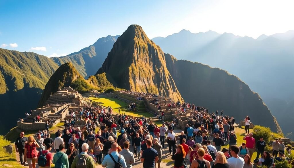 A bustling scene of Machu Picchu during peak tourist season, captured under the warm glow of the Andean sun. In the foreground, a sea of visitors navigates the ancient stone pathways, their cameras and smartphones raised to capture the iconic ruins. The middle ground reveals the towering mountain peaks that frame the citadel, their jagged silhouettes casting dramatic shadows across the landscape. In the background, the lush, verdant forests that cloak the surrounding hills create a serene, natural backdrop, juxtaposing the human activity in the center of the frame. The overall composition conveys the overwhelming crowds and the challenging logistics of visiting this wonder of the world during the busiest times of the year.