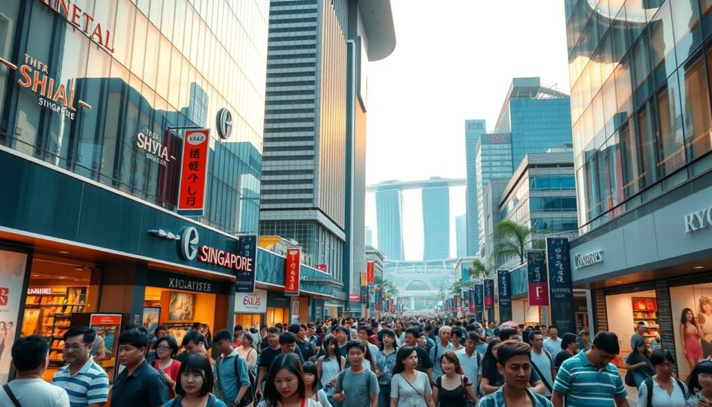 A bustling scene of the iconic Great Singapore Sale, showcasing the city's vibrant shopping district. In the foreground, a crowd of eager shoppers navigate through colorful store displays, their expressions filled with excitement. In the middle ground, towering modern malls with sleek glass facades reflect the warm, golden sunlight. In the background, the iconic Marina Bay Skyline rises, creating a stunning backdrop for this lively retail extravaganza. The atmosphere is electric, with a sense of energy and anticipation as shoppers hunt for the best bargains. A wide-angle lens captures the dynamic movement and energy of this quintessential Singaporean shopping experience.