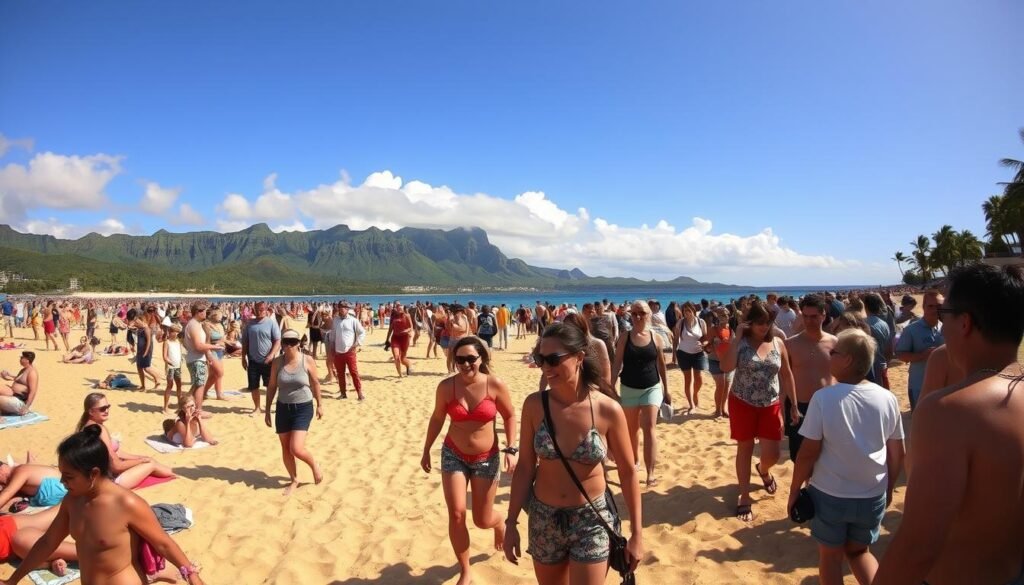 A bustling scene of vacationers exploring a picturesque Hawaiian beach, with a wide-angle lens capturing the ebb and flow of the crowd. In the foreground, groups of sunbathers and beachgoers mingle on the golden sand, their laughter and chatter creating a lively atmosphere. The middle ground reveals families strolling along the water's edge, their silhouettes casting long shadows in the warm, golden hour lighting. In the background, a panoramic view of the island's lush, verdant landscape rises up, framing the energetic crowd below. The overall mood is one of relaxation and vibrant, island-inspired energy, reflecting the peak tourist season in this idyllic tropical destination. A bustling scene of vacationers exploring a picturesque Hawaiian beach, with a wide-angle lens capturing the ebb and flow of the crowd. In the foreground, groups of sunbathers and beachgoers mingle on the golden sand, their laughter and chatter creating a lively atmosphere. The middle ground reveals families strolling along the water's edge, their silhouettes casting long shadows in the warm, golden hour lighting. In the background, a panoramic view of the island's lush, verdant landscape rises up, framing the energetic crowd below. The overall mood is one of relaxation and vibrant, island-inspired energy, reflecting the peak tourist season in this idyllic tropical destination.