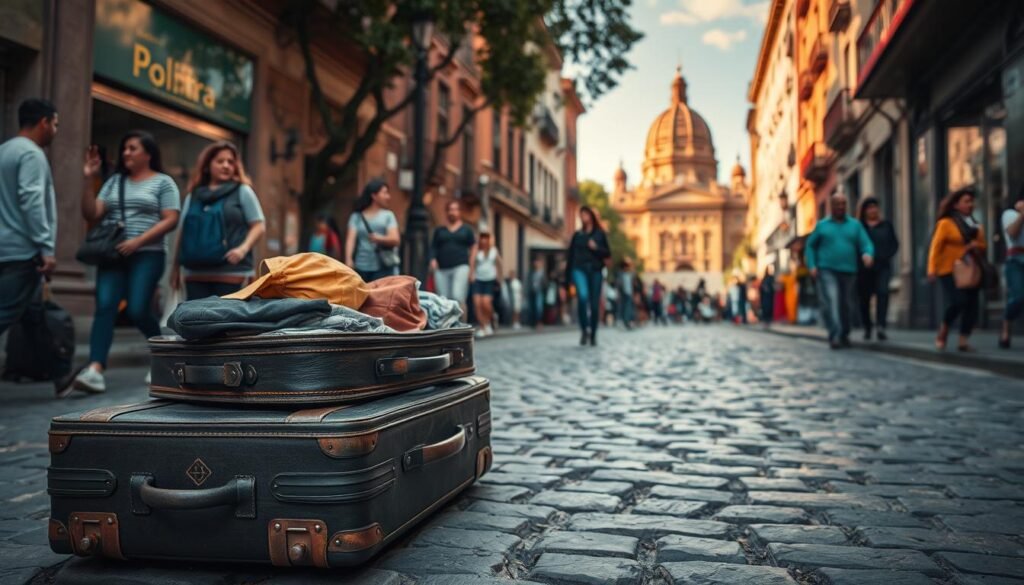 A bustling street in Mexico City, capturing the essence of practical planning for a visit. In the foreground, a well-packed suitcase sits atop a weathered cobblestone path, its contents organized and ready for the adventure ahead. The middle ground showcases locals navigating the vibrant sidewalks, navigating the crowds with ease. In the background, the iconic architecture of the city's historic district rises, bathed in the warm, golden light of an afternoon sun. The atmosphere exudes a sense of anticipation and preparation, inviting the viewer to envision their own practical planning for an immersive exploration of Mexico's captivating capital.