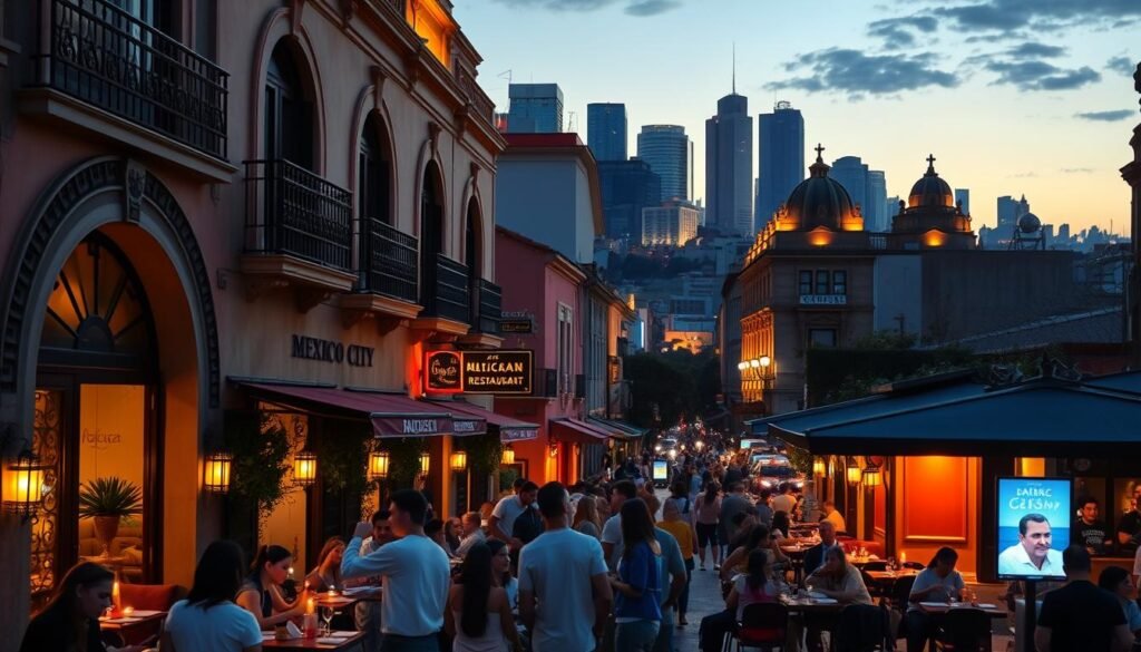 A bustling street in the heart of Mexico City, lined with vibrant, locally-owned restaurants. In the foreground, groups of friends and families enjoying authentic Mexican cuisine at intimate, candlelit tables. The middle ground features the facades of renowned restaurants, their entryways framed by ornate archways and wrought-iron details. In the background, the iconic skyscrapers and historic landmarks of the city's skyline, bathed in the warm glow of the setting sun. The scene conveys a sense of energy, community, and a deep appreciation for the culinary delights that make Mexico City a world-class dining destination. A bustling street in the heart of Mexico City, lined with vibrant, locally-owned restaurants. In the foreground, groups of friends and families enjoying authentic Mexican cuisine at intimate, candlelit tables. The middle ground features the facades of renowned restaurants, their entryways framed by ornate archways and wrought-iron details. In the background, the iconic skyscrapers and historic landmarks of the city's skyline, bathed in the warm glow of the setting sun. The scene conveys a sense of energy, community, and a deep appreciation for the culinary delights that make Mexico City a world-class dining destination.