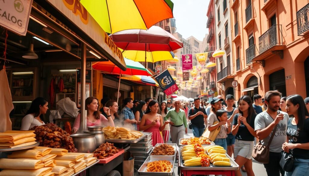 A bustling street in the heart of Mexico City, vibrant with the sights and sounds of its renowned street food scene. In the foreground, a vendor's cart overflows with steaming tamales, sizzling tacos al pastor, and fragrant elotes. Overhead, an array of colorful umbrellas and banners cast a warm, inviting glow. In the middle ground, locals and tourists mingle, sampling the diverse flavors, their expressions filled with delight. The background features the iconic architecture of the city, buildings in rich hues of ochre and terracotta. Natural lighting filters through, creating a lively, dynamic atmosphere that captures the essence of Mexico City's vibrant street food culture. A bustling street in the heart of Mexico City, vibrant with the sights and sounds of its renowned street food scene. In the foreground, a vendor's cart overflows with steaming tamales, sizzling tacos al pastor, and fragrant elotes. Overhead, an array of colorful umbrellas and banners cast a warm, inviting glow. In the middle ground, locals and tourists mingle, sampling the diverse flavors, their expressions filled with delight. The background features the iconic architecture of the city, buildings in rich hues of ochre and terracotta. Natural lighting filters through, creating a lively, dynamic atmosphere that captures the essence of Mexico City's vibrant street food culture.