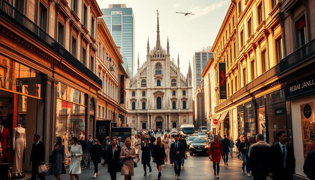 A bustling street in the heart of Milan, the fashion capital of the world. In the foreground, a vibrant display of high-end boutiques and runway models strutting in the latest designer attire. Warm, golden lighting bathes the scene, casting a glamorous glow on the elegant storefronts and pedestrians. In the middle ground, the iconic Duomo di Milano rises majestically, its gothic spires reaching towards the sky. In the background, a blur of modern skyscrapers and bustling traffic, creating a dynamic contrast between old and new. The atmosphere is one of energy, style, and the celebration of fashion's most influential city.