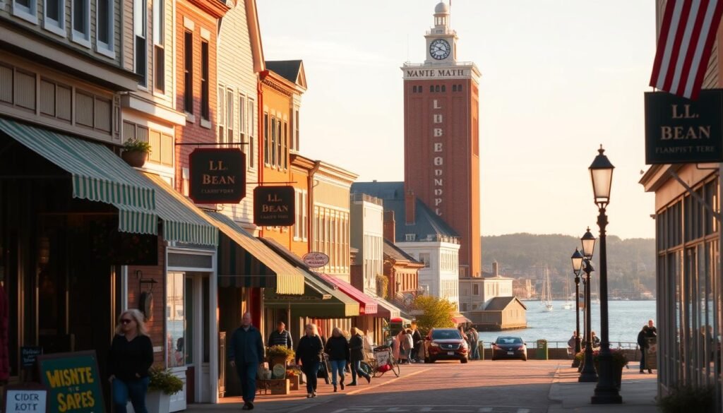 A bustling street in the quaint town of Freeport, Maine, lined with charming local shops and the iconic L.L.Bean flagship store. In the foreground, pedestrians stroll past cozy cafes and boutiques, their facades adorned with colorful awnings and inviting window displays. The middle ground features the towering L.L.Bean building, its classic New England architecture bathed in warm, golden sunlight. In the background, the serene waters of Casco Bay glisten, with sailboats gently bobbing on the horizon. The scene evokes a sense of small-town tranquility and the allure of coastal Maine, perfect for capturing the essence of this Freeport shopping destination. A bustling street in the quaint town of Freeport, Maine, lined with charming local shops and the iconic L.L.Bean flagship store. In the foreground, pedestrians stroll past cozy cafes and boutiques, their facades adorned with colorful awnings and inviting window displays. The middle ground features the towering L.L.Bean building, its classic New England architecture bathed in warm, golden sunlight. In the background, the serene waters of Casco Bay glisten, with sailboats gently bobbing on the horizon. The scene evokes a sense of small-town tranquility and the allure of coastal Maine, perfect for capturing the essence of this Freeport shopping destination.