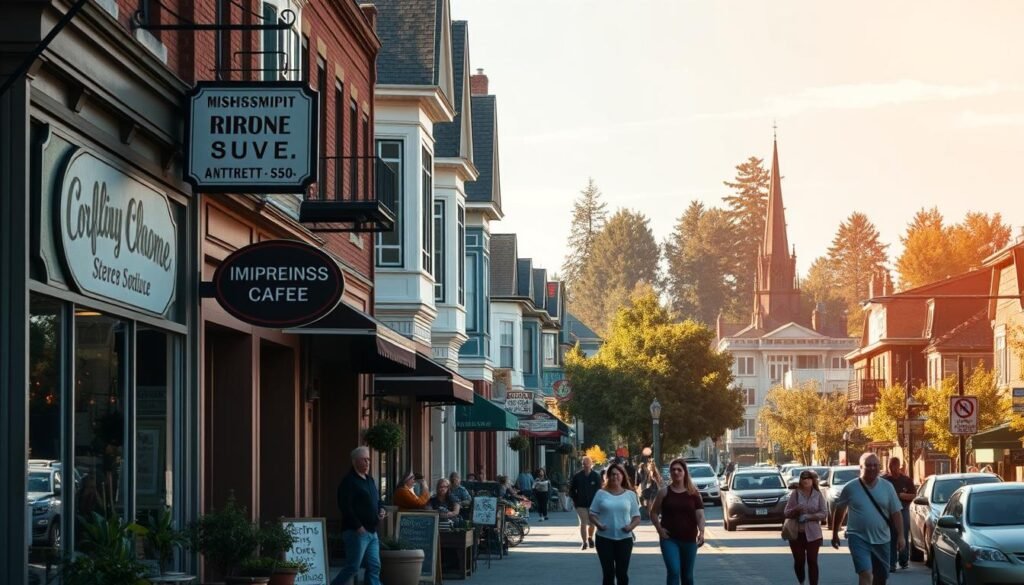 A bustling street scene along Portland's trendy Mississippi Avenue, bathed in warm afternoon light. In the foreground, charming independent boutiques and cafes line the sidewalks, their facades adorned with vintage signage and potted plants. Pedestrians leisurely stroll past, pausing to peer into shop windows or sip craft beverages. In the middle ground, classic Craftsman-style homes and contemporary lofts peek out from behind the storefronts, hinting at the vibrant residential community. In the distance, the silhouettes of tall trees and the occasional church spire create a sense of place. An atmosphere of easygoing urban cool pervades the scene, inviting the viewer to explore this vibrant, walkable neighborhood.