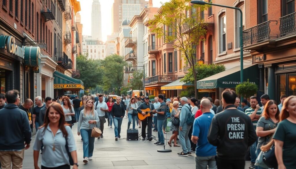 A bustling street scene in Greenwich Village, New York City. In the foreground, people strolling along the sidewalks, pausing to admire the vibrant storefronts and cafes. In the middle ground, a lively street performance with musicians playing guitars and drums, captivating passers-by. The background features the iconic architecture of the Village, with brownstone buildings and historic landmarks, bathed in warm, golden-hour light. A sense of energy, creativity, and community permeates the scene, capturing the essence of this beloved neighborhood. A bustling street scene in Greenwich Village, New York City. In the foreground, people strolling along the sidewalks, pausing to admire the vibrant storefronts and cafes. In the middle ground, a lively street performance with musicians playing guitars and drums, captivating passers-by. The background features the iconic architecture of the Village, with brownstone buildings and historic landmarks, bathed in warm, golden-hour light. A sense of energy, creativity, and community permeates the scene, capturing the essence of this beloved neighborhood.