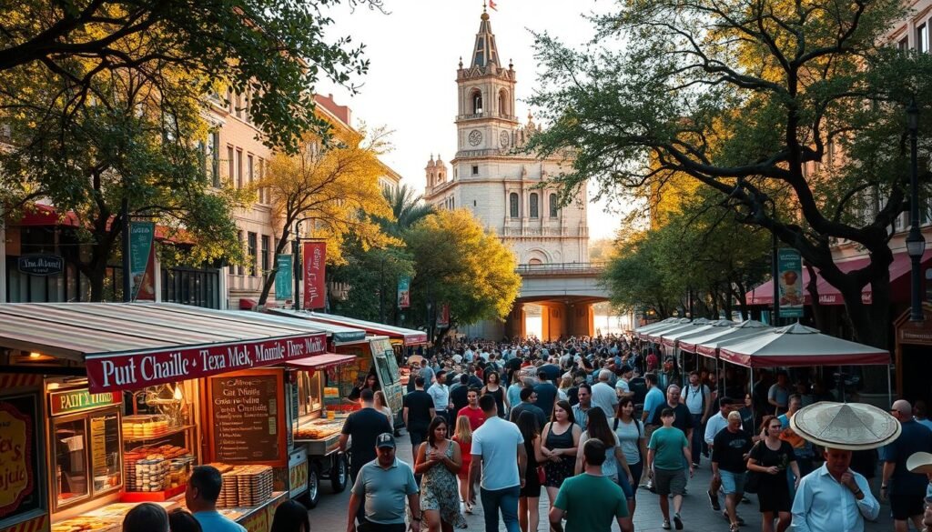 A bustling street scene in the heart of San Antonio, Texas. In the foreground, an array of vibrant food trucks and local vendors offer a tantalizing selection of Tex-Mex delicacies, from sizzling fajitas to crisp tacos and zesty salsas. The middle ground is filled with lively crowds, locals, and visitors alike, all enjoying the lively atmosphere and the aroma of freshly grilled meats and simmering spices. In the background, the iconic San Antonio River Walk winds its way, flanked by towering historic buildings and the occasional mariachi band serenading passersby. Warm, golden sunlight filters through the trees, creating a lively, inviting ambiance that captures the essence of San Antonio's vibrant food, music, and art scenes.