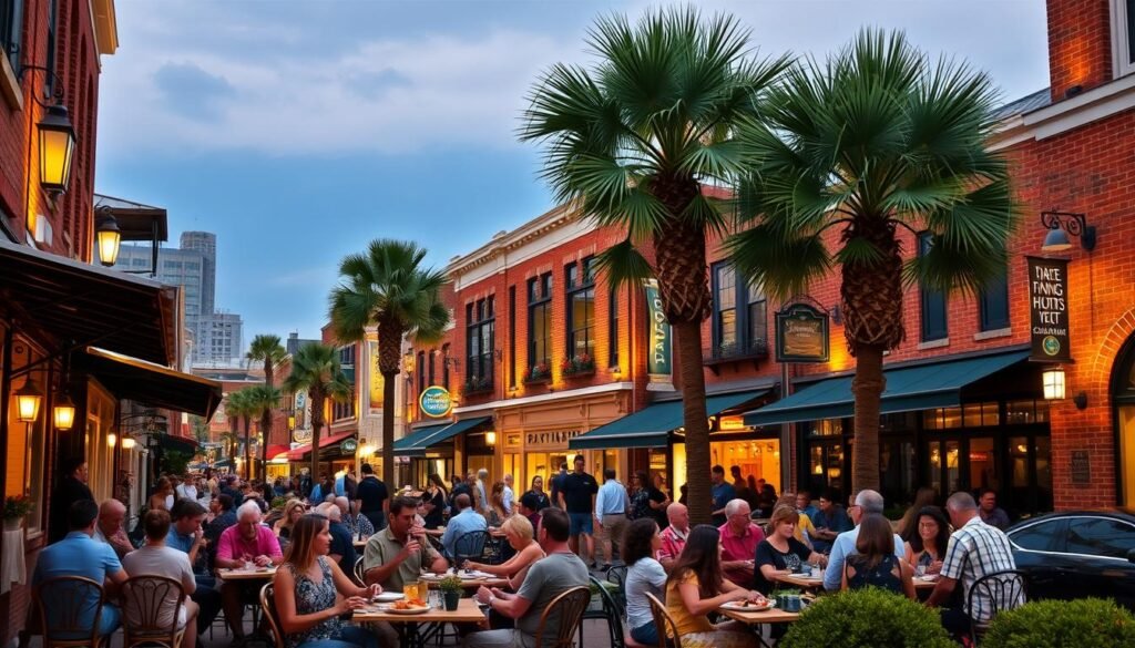 A bustling streetscape in downtown Wilmington, NC, showcasing a vibrant collection of stand-out restaurants and eateries. In the foreground, people dining al fresco at charming outdoor cafes, enjoying plates of fresh seafood and regional cuisine. In the middle ground, historic brick buildings with warm lighting and inviting storefront signs, hinting at the diverse culinary offerings within. The background features palm trees swaying gently, setting the scene for a lively, coastal atmosphere. The overall mood is one of relaxed enjoyment, with a focus on the unique local dining experiences that make Wilmington a culinary destination.