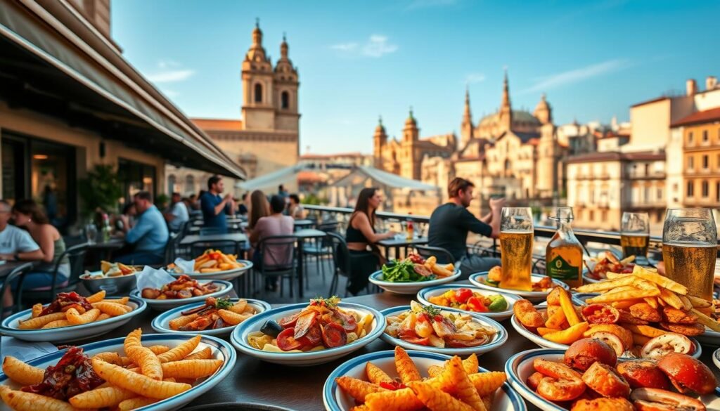 A bustling tapas bar nestled in the heart of a vibrant Spanish city, its open-air terrace offering sweeping views of the surrounding architecture. In the foreground, an array of small plates adorned with traditional Spanish delicacies - sizzling patatas bravas, juicy chorizo, tantalizing seafood. A warm, golden light casts a cozy glow over the scene, while in the middle ground, people leisurely enjoy their drinks and conversation, immersed in the lively atmosphere. In the background, the silhouettes of iconic Spanish landmarks, like a historic cathedral or a medieval castle, stand tall against a clear, azure sky, hinting at the rich cultural heritage of the city. The image exudes a sense of relaxation, indulgence, and the quintessential Spanish joie de vivre.