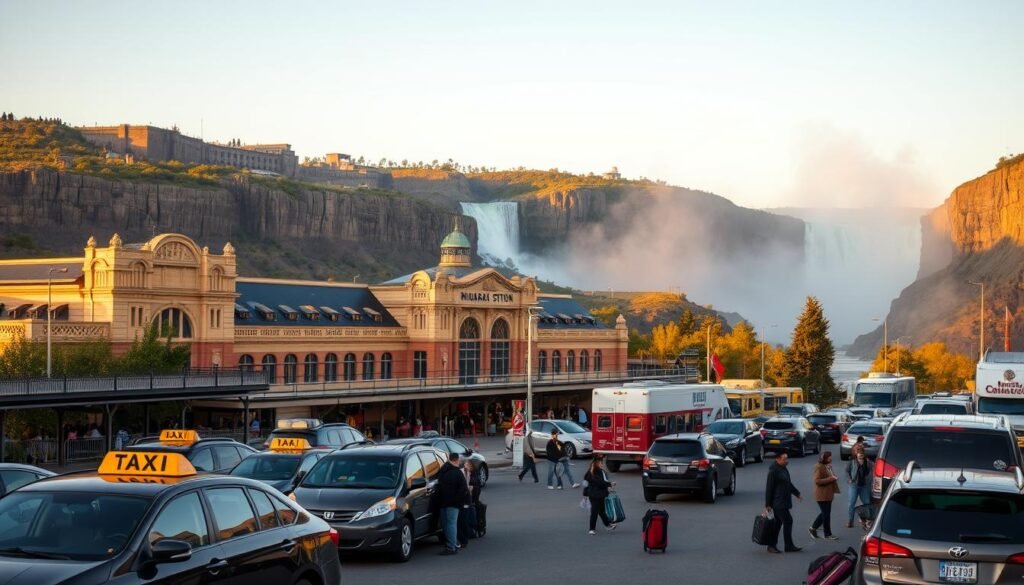 A bustling transportation hub at the edge of the iconic Niagara Falls, with a grand train station at the center, its ornate architecture bathed in warm afternoon light. In the foreground, a busy taxi stand and a line of private vehicles waiting to drop off passengers. In the middle ground, a mix of pedestrians and travelers with suitcases navigating the bustling scene. The towering cliffs of the Niagara Gorge rise up in the background, the mist from the thundering falls visible in the distance, creating a picturesque and atmospheric setting for this important arrival point.