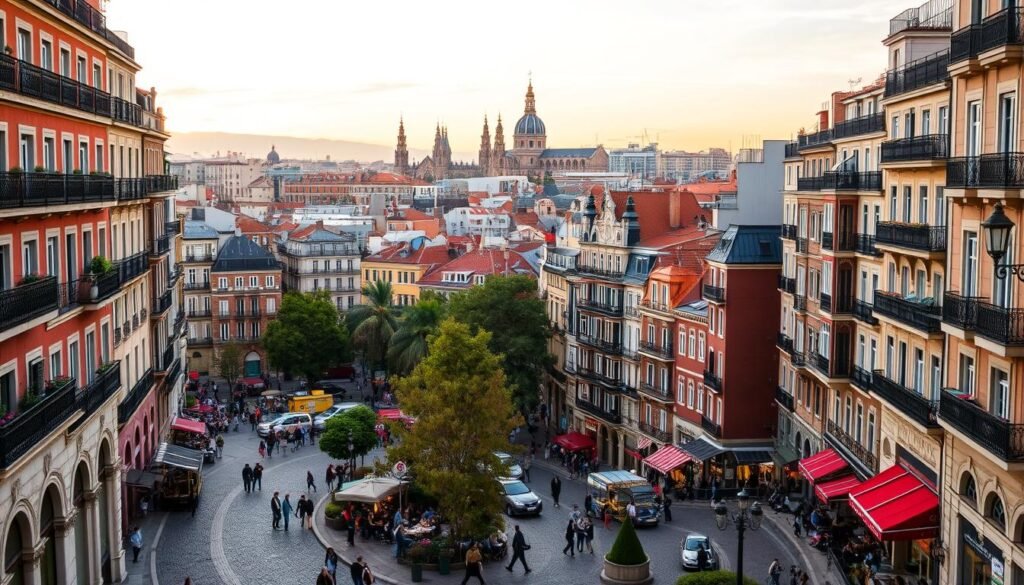 A bustling urban landscape, Madrid's neighborhoods come alive with vibrant colors, intricate architecture, and a palpable sense of community. In the foreground, winding cobblestone streets are dotted with quaint cafes, local shops, and lively plazas where people gather. The middle ground features a mix of historic buildings and modern high-rises, their facades adorned with ornate details and balconies overlooking the lively scene below. In the background, the city's iconic landmarks, such as towering cathedrals and regal palaces, create a stunning skyline against a warm, golden-hued sky. The overall atmosphere is one of authentic, lived-in character, inviting the viewer to explore and discover the heart and soul of Madrid's distinct neighborhoods.