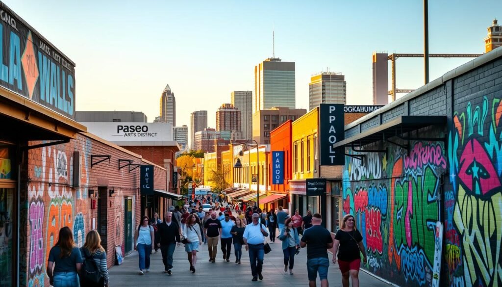 A bustling urban scene in Oklahoma City, showcasing the vibrant art scene. In the foreground, colorful murals and graffiti-adorned walls of the Plaza Walls, a renowned outdoor art gallery. Passers-by stroll along the lively sidewalks, admiring the creative expressions. In the middle ground, the iconic Paseo Arts District with its charming galleries, eclectic shops, and thriving artist community. The background features the modern skyline of Oklahoma City, bathed in warm, golden-hour light, creating a striking contrast with the energetic, artistic atmosphere of the foreground. The scene captures the essence of Oklahoma City's thriving arts and culture, inviting viewers to explore and immerse themselves in the city's creative spirit.