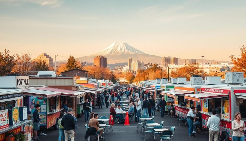 A bustling urban scene of food cart pods in Portland, Oregon. The foreground features an array of vibrant, eclectic food trucks serving a diverse range of cuisine, their brightly colored awnings and signage creating a lively, inviting atmosphere. In the middle ground, clusters of small tables and chairs are occupied by locals and tourists alike, enjoying their meals al fresco. The background showcases the iconic skyline of Portland, with the snow-capped peaks of Mount Hood visible in the distance, bathed in the warm, golden light of a late afternoon. The scene is captured with a wide-angle lens, emphasizing the energy and dynamism of this quintessential Portland experience.