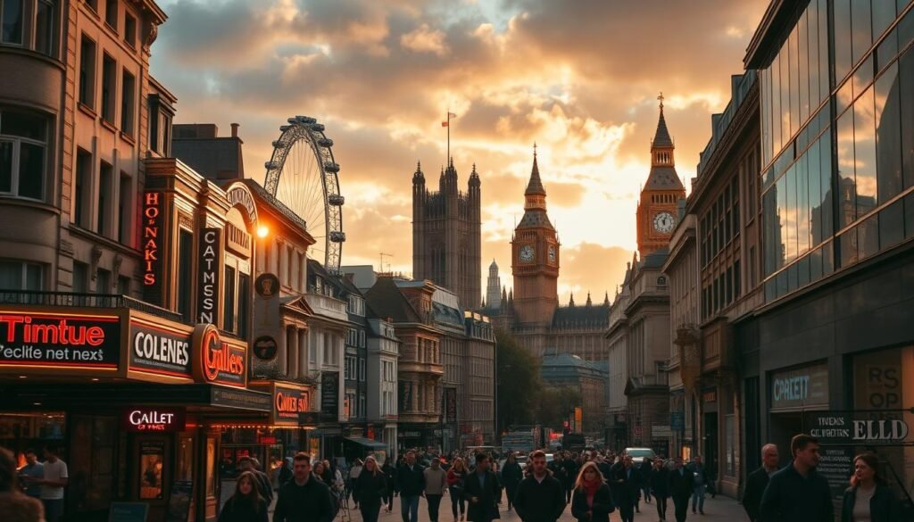 A bustling urban scene set in London's iconic West End district, capturing the vibrant energy and cultural essence of the area. In the foreground, a lively street lined with a diverse array of theaters, galleries, and renowned entertainment venues, their marquees and neon signage casting a warm glow. In the middle ground, pedestrians stroll along the sidewalks, immersed in the dynamic atmosphere. The background features the silhouettes of iconic landmarks like the London Eye and Big Ben, set against a moody, cinematic sky illuminated by the setting sun. Warm, golden lighting bathes the scene, creating a captivating, timeless ambiance that invites the viewer to experience the cultural richness of London's West End. A bustling urban scene set in London's iconic West End district, capturing the vibrant energy and cultural essence of the area. In the foreground, a lively street lined with a diverse array of theaters, galleries, and renowned entertainment venues, their marquees and neon signage casting a warm glow. In the middle ground, pedestrians stroll along the sidewalks, immersed in the dynamic atmosphere. The background features the silhouettes of iconic landmarks like the London Eye and Big Ben, set against a moody, cinematic sky illuminated by the setting sun. Warm, golden lighting bathes the scene, creating a captivating, timeless ambiance that invites the viewer to experience the cultural richness of London's West End.